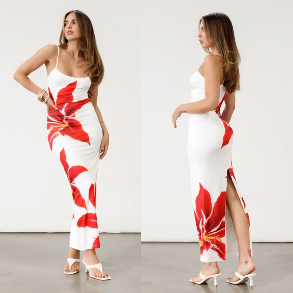 Runaway the label Deia Midi Maxi Dress Sz Medium‎ White Crimson Lily Slip Lined